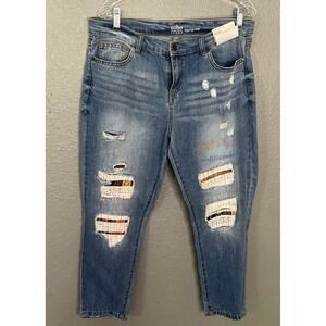 NWT NY Co Runway Skinny Leg Crop 25 Jeans Sz 14 Denim Stretch Distressed Patches